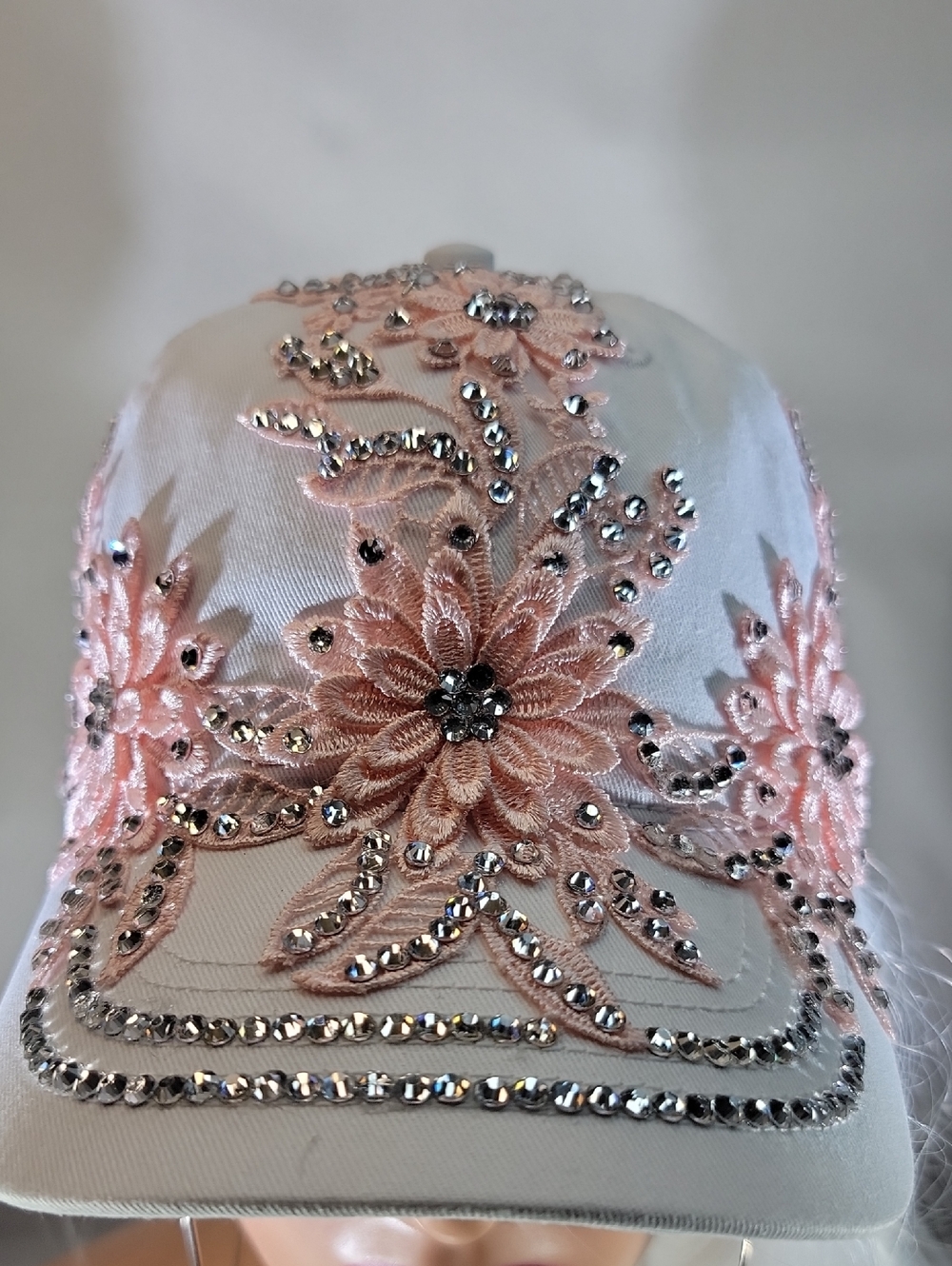 Women's Pink Embroidered Floral Crystal Baseball Cap